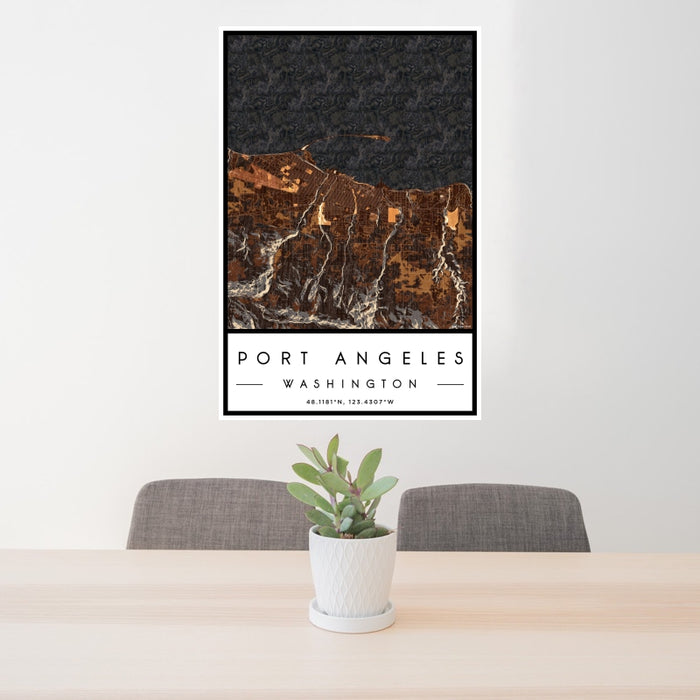 24x36 Port Angeles Washington Map Print Portrait Orientation in Ember Style Behind 2 Chairs Table and Potted Plant