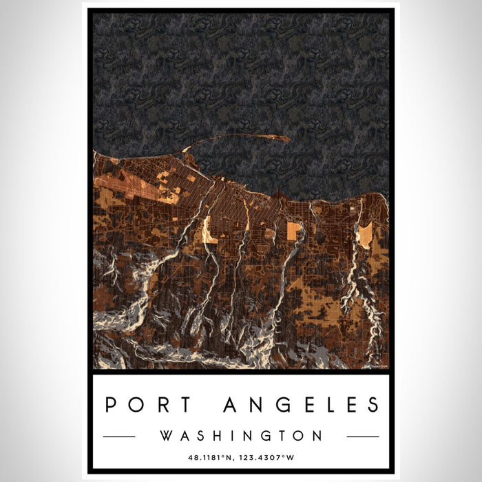 Port Angeles Washington Map Print Portrait Orientation in Ember Style With Shaded Background