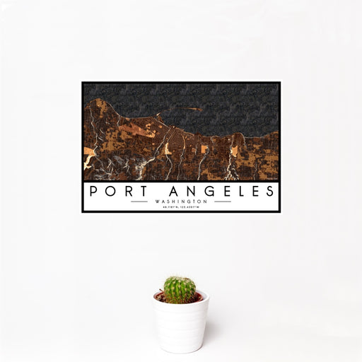 12x18 Port Angeles Washington Map Print Landscape Orientation in Ember Style With Small Cactus Plant in White Planter