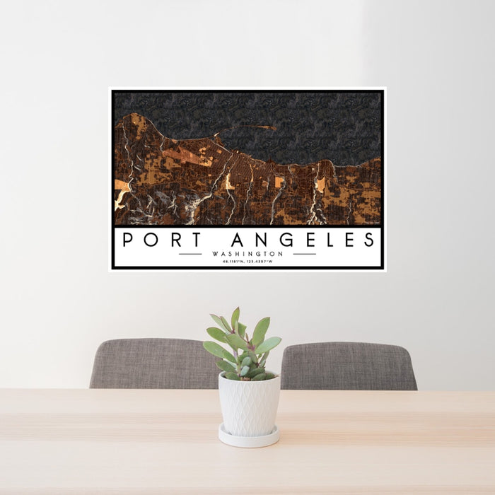 24x36 Port Angeles Washington Map Print Landscape Orientation in Ember Style Behind 2 Chairs Table and Potted Plant