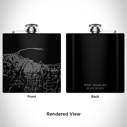 Rendered View of Port Angeles Washington Map Engraving on 6oz Stainless Steel Flask in Black