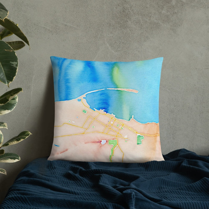 Custom Port Angeles Washington Map Throw Pillow in Watercolor on Bedding Against Wall