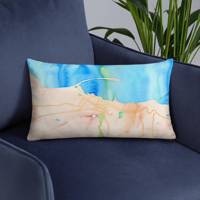 Custom Port Angeles Washington Map Throw Pillow in Watercolor on Blue Colored Chair