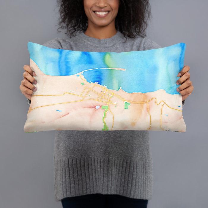 Person holding 20x12 Custom Port Angeles Washington Map Throw Pillow in Watercolor