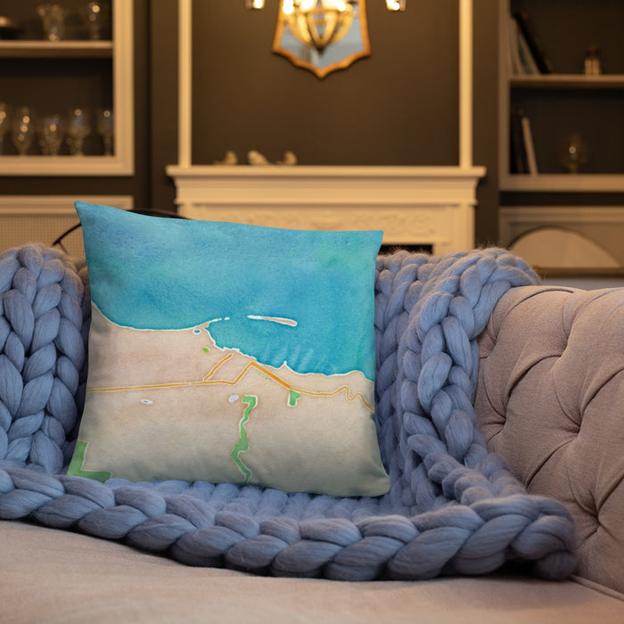 Custom Port Angeles Washington Map Throw Pillow in Watercolor on Cream Colored Couch