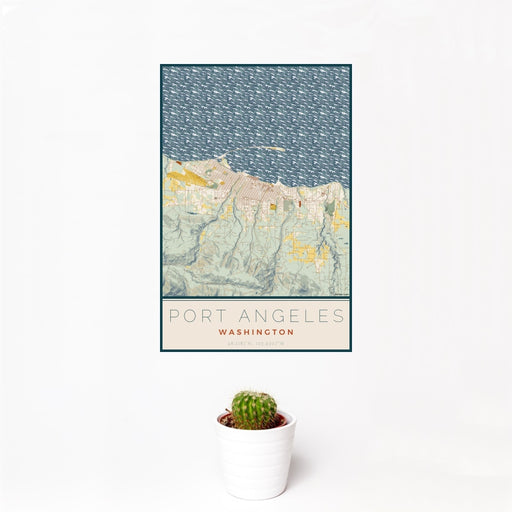 12x18 Port Angeles Washington Map Print Portrait Orientation in Woodblock Style With Small Cactus Plant in White Planter