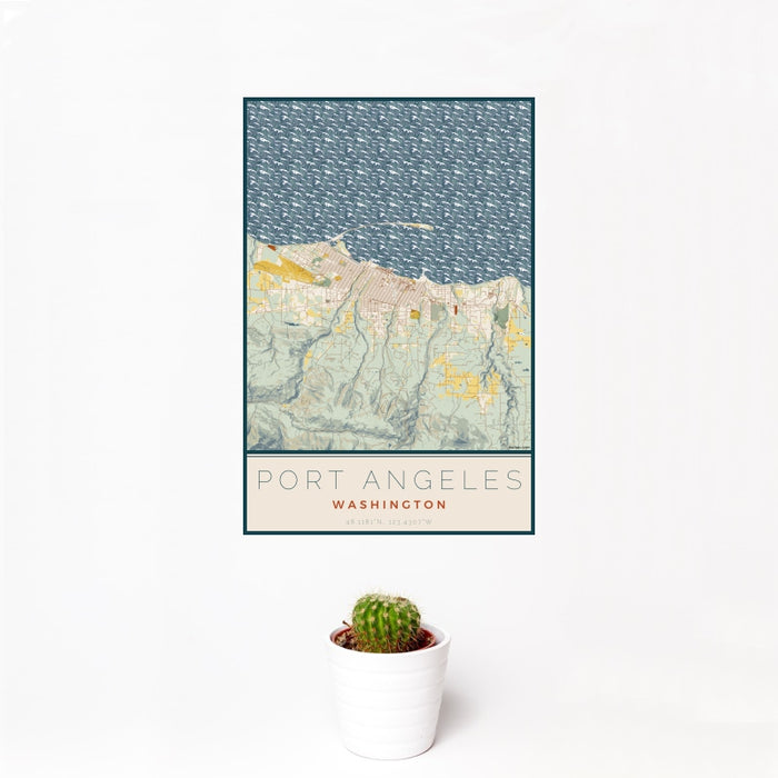 12x18 Port Angeles Washington Map Print Portrait Orientation in Woodblock Style With Small Cactus Plant in White Planter