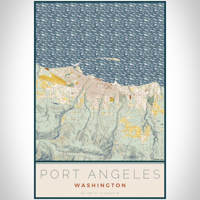 Port Angeles Washington Map Print Portrait Orientation in Woodblock Style With Shaded Background