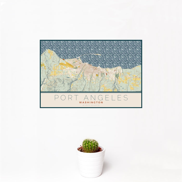12x18 Port Angeles Washington Map Print Landscape Orientation in Woodblock Style With Small Cactus Plant in White Planter