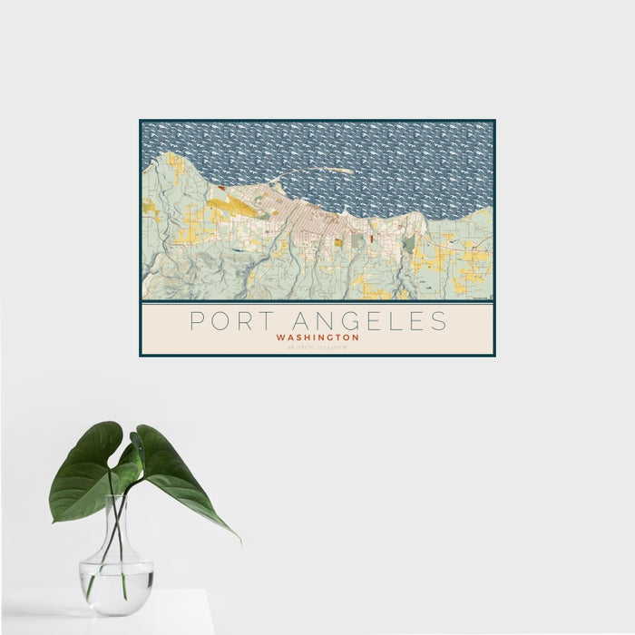 16x24 Port Angeles Washington Map Print Landscape Orientation in Woodblock Style With Tropical Plant Leaves in Water