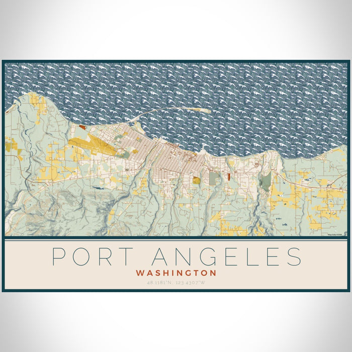 Port Angeles Washington Map Print Landscape Orientation in Woodblock Style With Shaded Background
