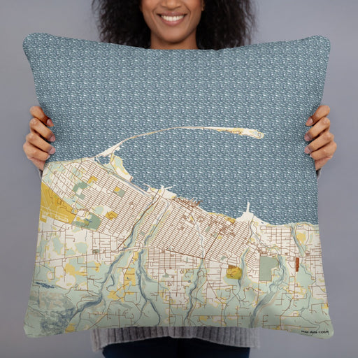 Person holding 22x22 Custom Port Angeles Washington Map Throw Pillow in Woodblock