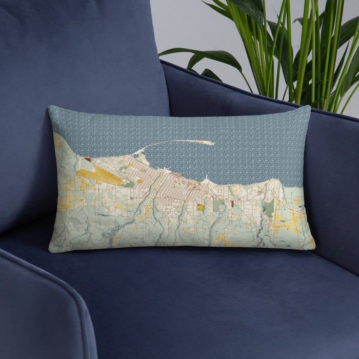 Custom Port Angeles Washington Map Throw Pillow in Woodblock on Blue Colored Chair