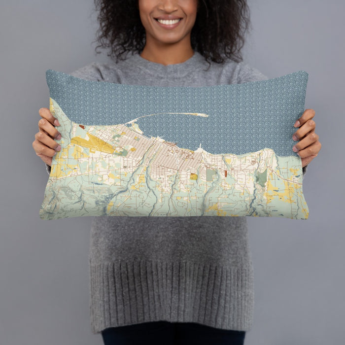 Person holding 20x12 Custom Port Angeles Washington Map Throw Pillow in Woodblock
