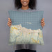 Person holding 18x18 Custom Port Angeles Washington Map Throw Pillow in Woodblock