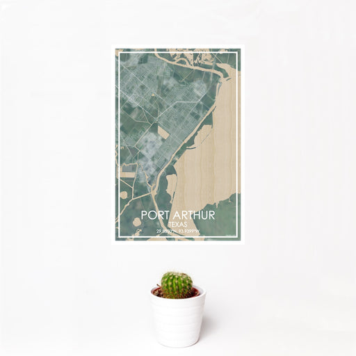 12x18 Port Arthur Texas Map Print Portrait Orientation in Afternoon Style With Small Cactus Plant in White Planter
