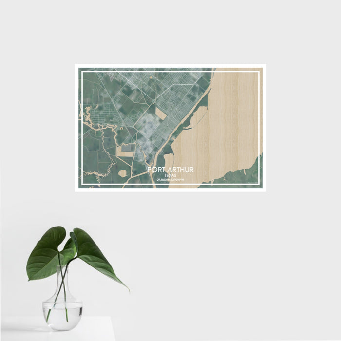 16x24 Port Arthur Texas Map Print Landscape Orientation in Afternoon Style With Tropical Plant Leaves in Water