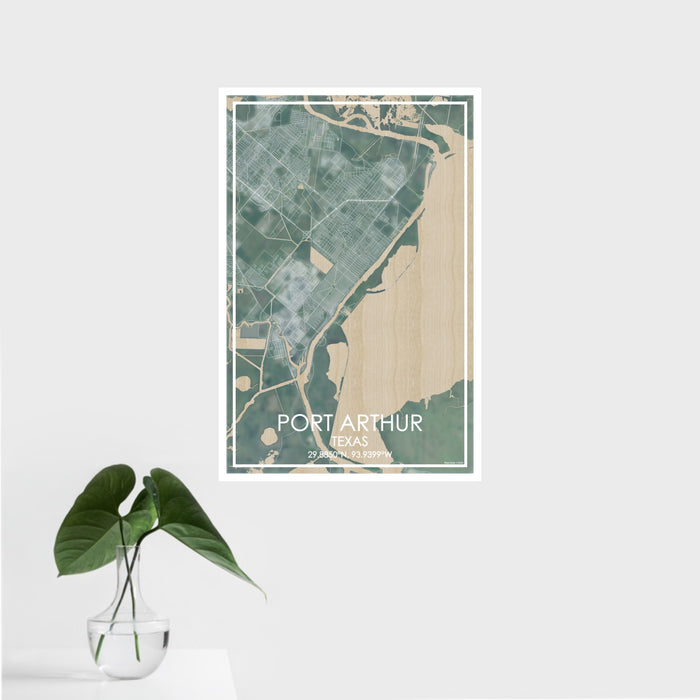 16x24 Port Arthur Texas Map Print Portrait Orientation in Afternoon Style With Tropical Plant Leaves in Water