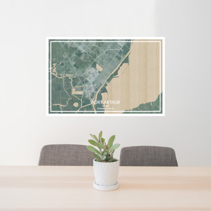 24x36 Port Arthur Texas Map Print Lanscape Orientation in Afternoon Style Behind 2 Chairs Table and Potted Plant