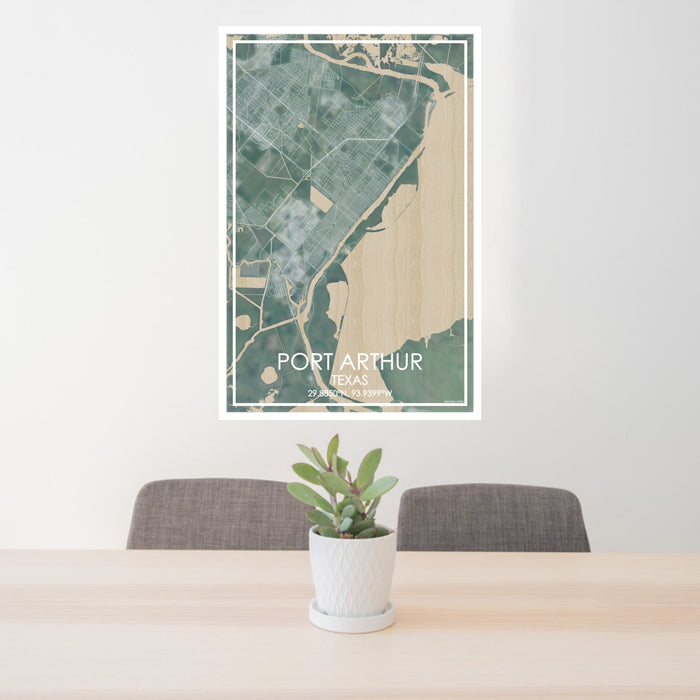 24x36 Port Arthur Texas Map Print Portrait Orientation in Afternoon Style Behind 2 Chairs Table and Potted Plant