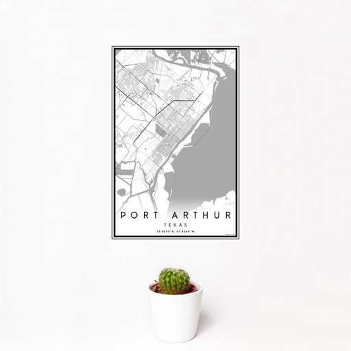 12x18 Port Arthur Texas Map Print Portrait Orientation in Classic Style With Small Cactus Plant in White Planter