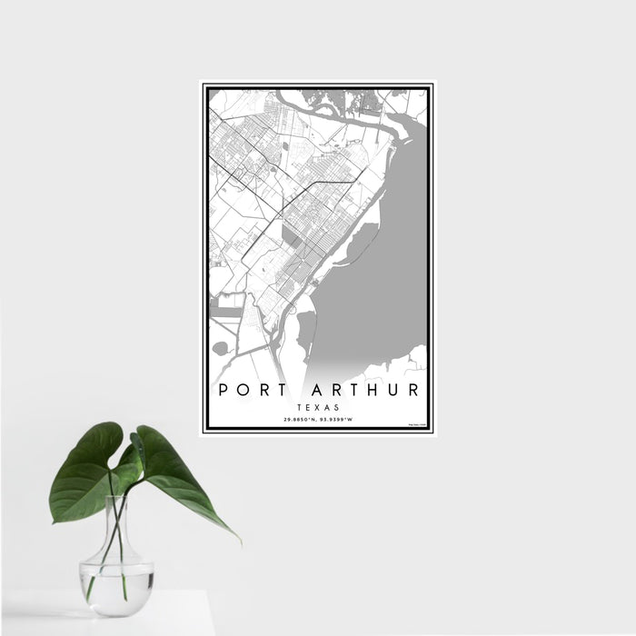 16x24 Port Arthur Texas Map Print Portrait Orientation in Classic Style With Tropical Plant Leaves in Water