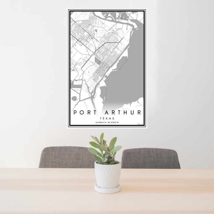 24x36 Port Arthur Texas Map Print Portrait Orientation in Classic Style Behind 2 Chairs Table and Potted Plant