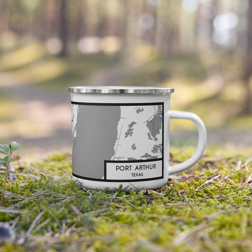 Right View Custom Port Arthur Texas Map Enamel Mug in Classic on Grass With Trees in Background