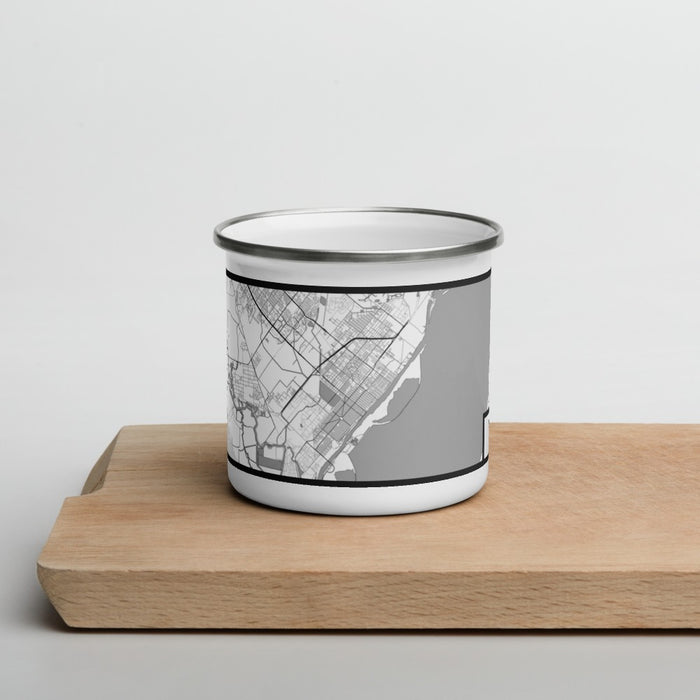 Front View Custom Port Arthur Texas Map Enamel Mug in Classic on Cutting Board