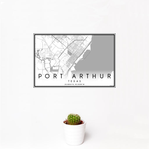 12x18 Port Arthur Texas Map Print Landscape Orientation in Classic Style With Small Cactus Plant in White Planter