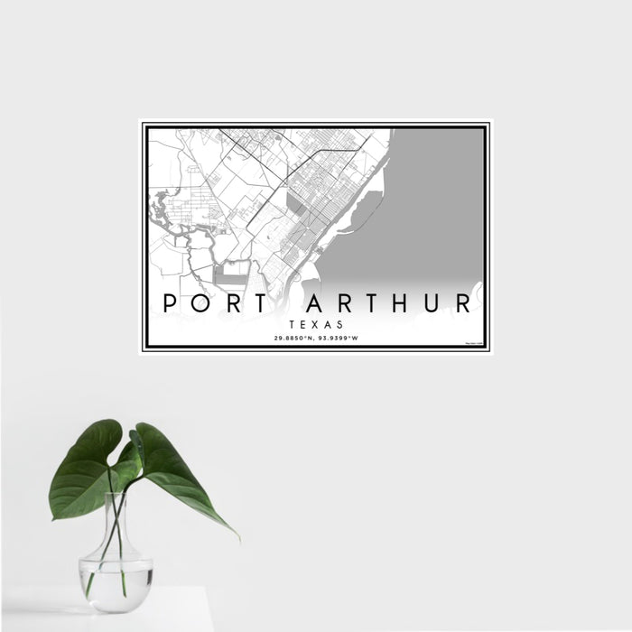 16x24 Port Arthur Texas Map Print Landscape Orientation in Classic Style With Tropical Plant Leaves in Water