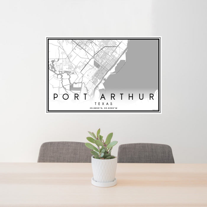 24x36 Port Arthur Texas Map Print Landscape Orientation in Classic Style Behind 2 Chairs Table and Potted Plant