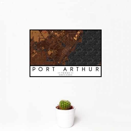12x18 Port Arthur Texas Map Print Landscape Orientation in Ember Style With Small Cactus Plant in White Planter