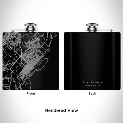 Rendered View of Port Arthur Texas Map Engraving on 6oz Stainless Steel Flask in Black