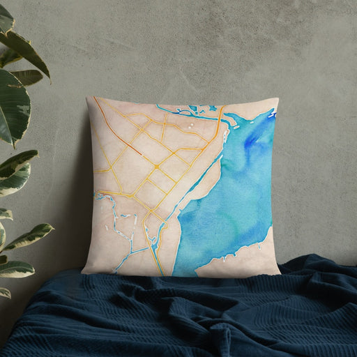 Custom Port Arthur Texas Map Throw Pillow in Watercolor on Bedding Against Wall