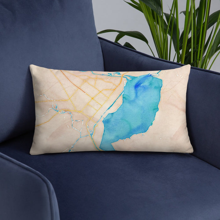 Custom Port Arthur Texas Map Throw Pillow in Watercolor on Blue Colored Chair