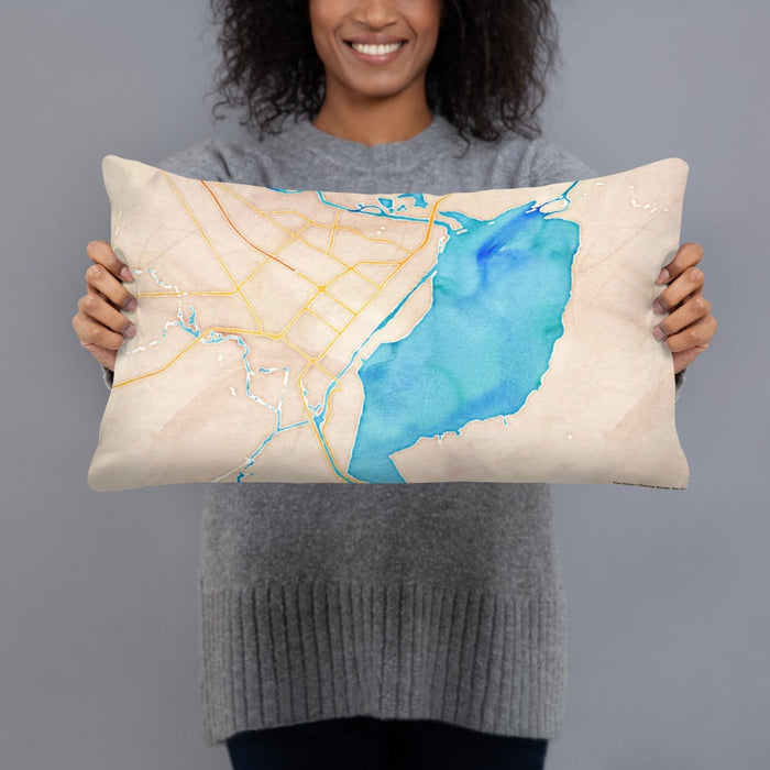 Person holding 20x12 Custom Port Arthur Texas Map Throw Pillow in Watercolor