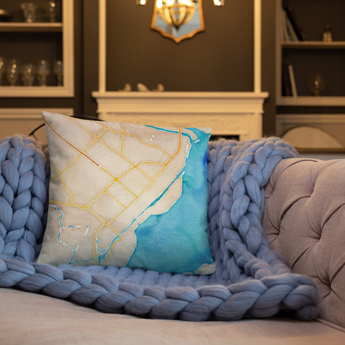Custom Port Arthur Texas Map Throw Pillow in Watercolor on Cream Colored Couch