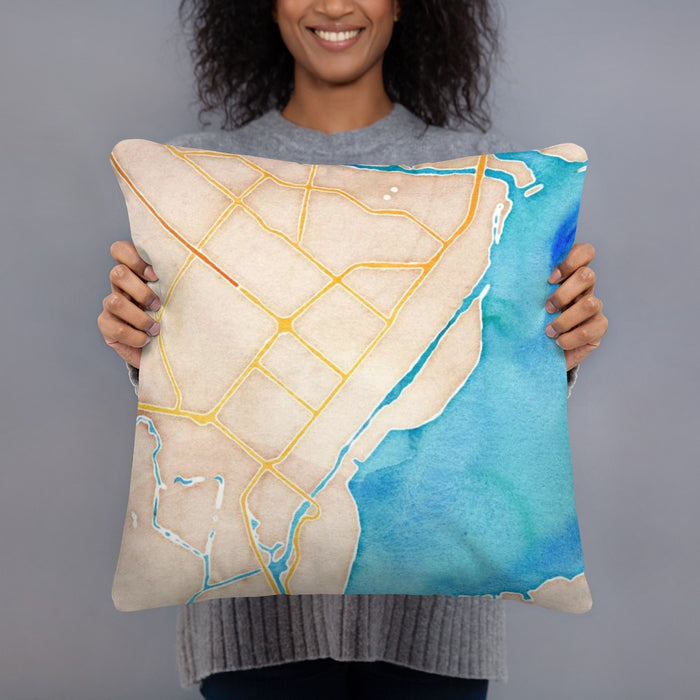 Person holding 18x18 Custom Port Arthur Texas Map Throw Pillow in Watercolor