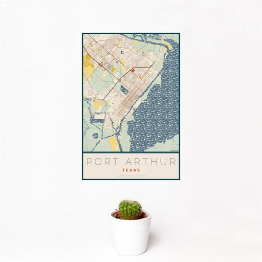 12x18 Port Arthur Texas Map Print Portrait Orientation in Woodblock Style With Small Cactus Plant in White Planter