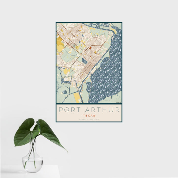 16x24 Port Arthur Texas Map Print Portrait Orientation in Woodblock Style With Tropical Plant Leaves in Water