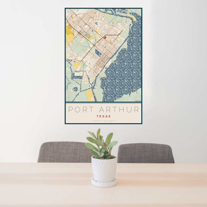 24x36 Port Arthur Texas Map Print Portrait Orientation in Woodblock Style Behind 2 Chairs Table and Potted Plant