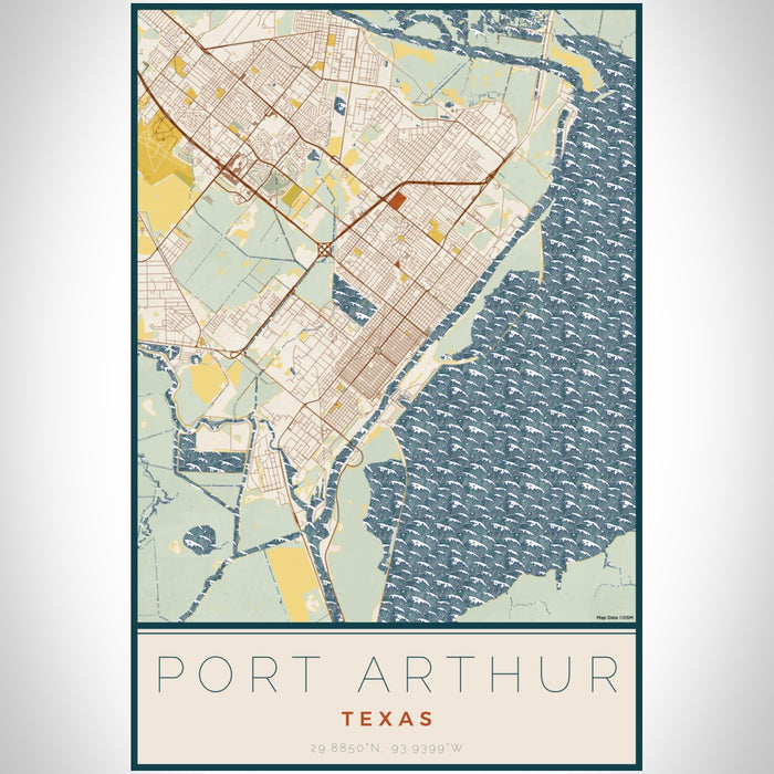 Port Arthur Texas Map Print Portrait Orientation in Woodblock Style With Shaded Background