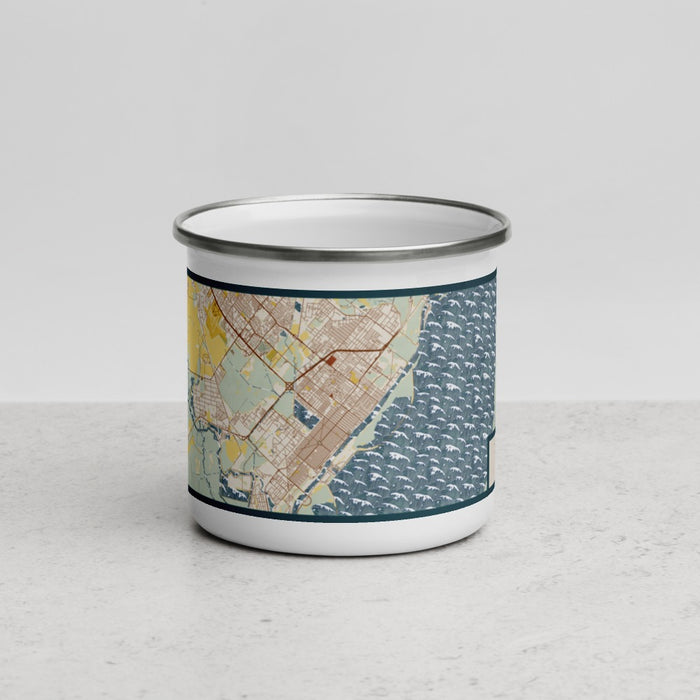 Front View Custom Port Arthur Texas Map Enamel Mug in Woodblock