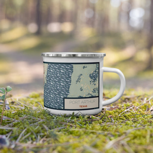 Right View Custom Port Arthur Texas Map Enamel Mug in Woodblock on Grass With Trees in Background