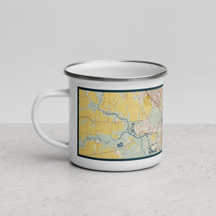 Left View Custom Port Arthur Texas Map Enamel Mug in Woodblock