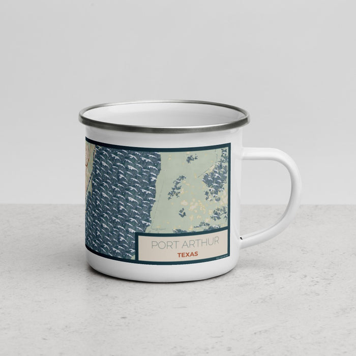 Right View Custom Port Arthur Texas Map Enamel Mug in Woodblock