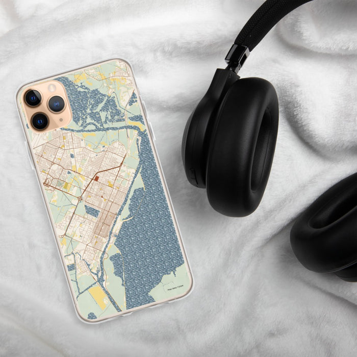 Custom Port Arthur Texas Map Phone Case in Woodblock on Table with Black Headphones