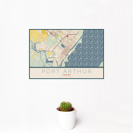 12x18 Port Arthur Texas Map Print Landscape Orientation in Woodblock Style With Small Cactus Plant in White Planter