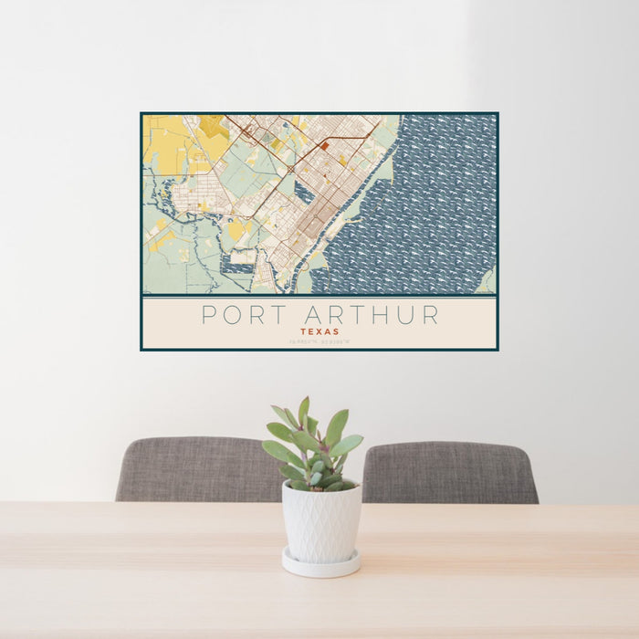 24x36 Port Arthur Texas Map Print Landscape Orientation in Woodblock Style Behind 2 Chairs Table and Potted Plant